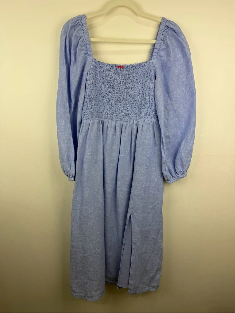 J.Crew 100% Linen Smocked Puff Sleeve Midi Dress Blue M